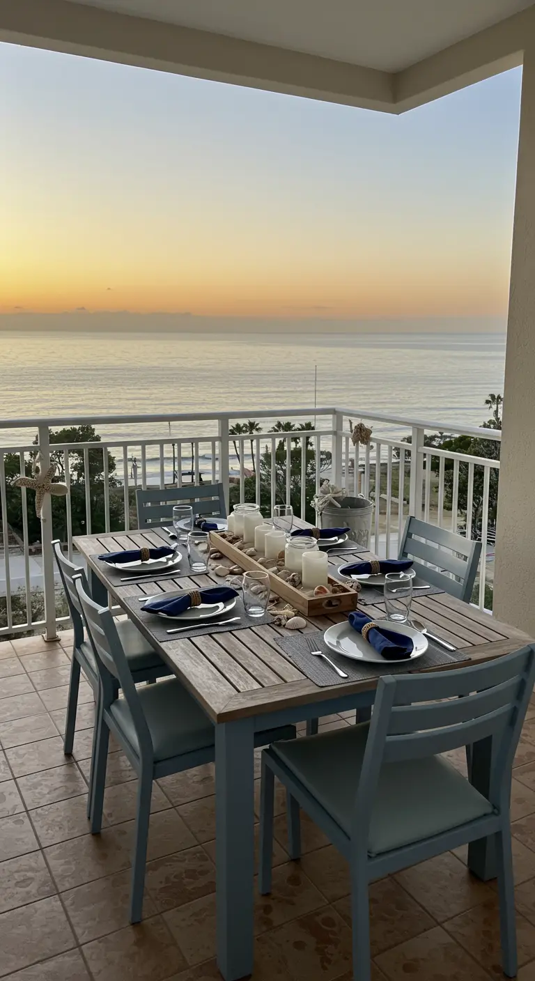 Mesa de comedor en un balcón con vistas al mar, puesta para una cena con velas y detalles marinos.