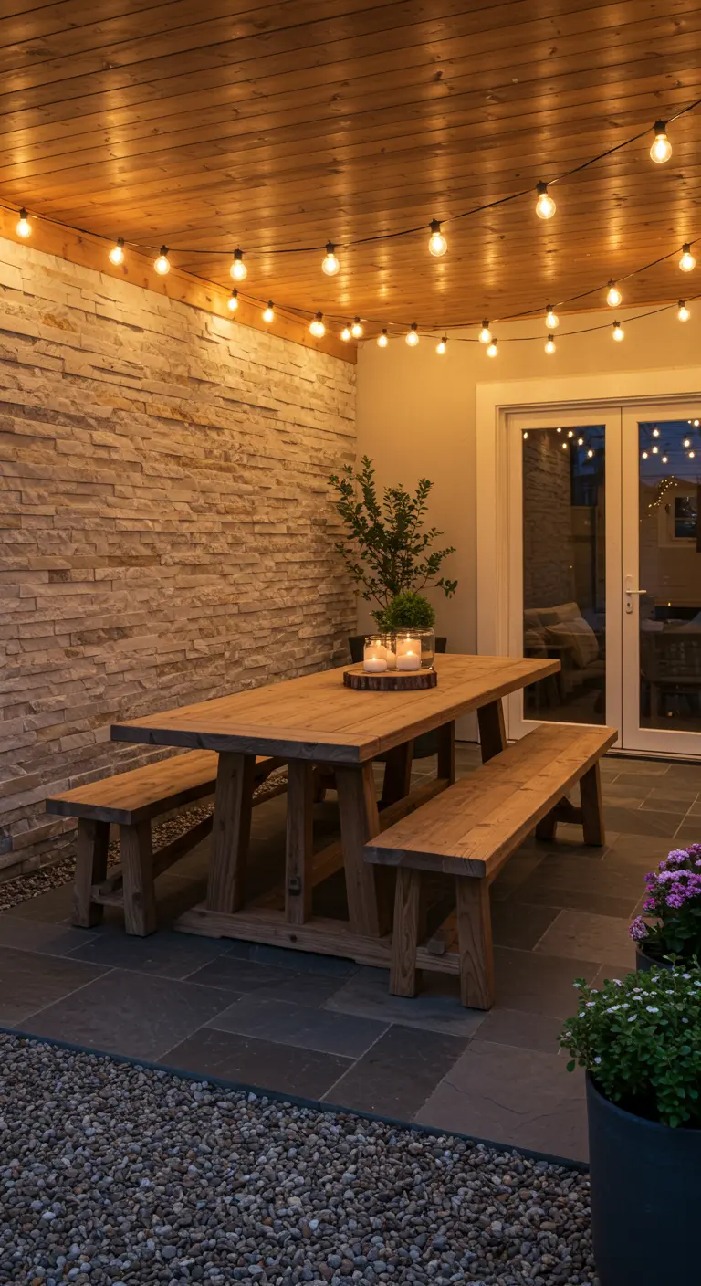 Patio cubierto con pared de piedra, mesa y bancos de madera, iluminado con guirnaldas de luces.