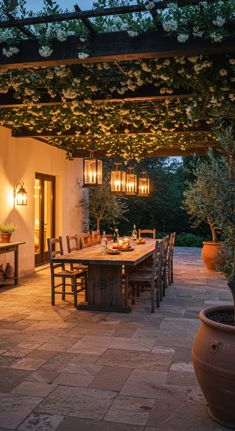 Comedor rústico exterior bajo una pérgola con flores y faroles de hierro colgantes