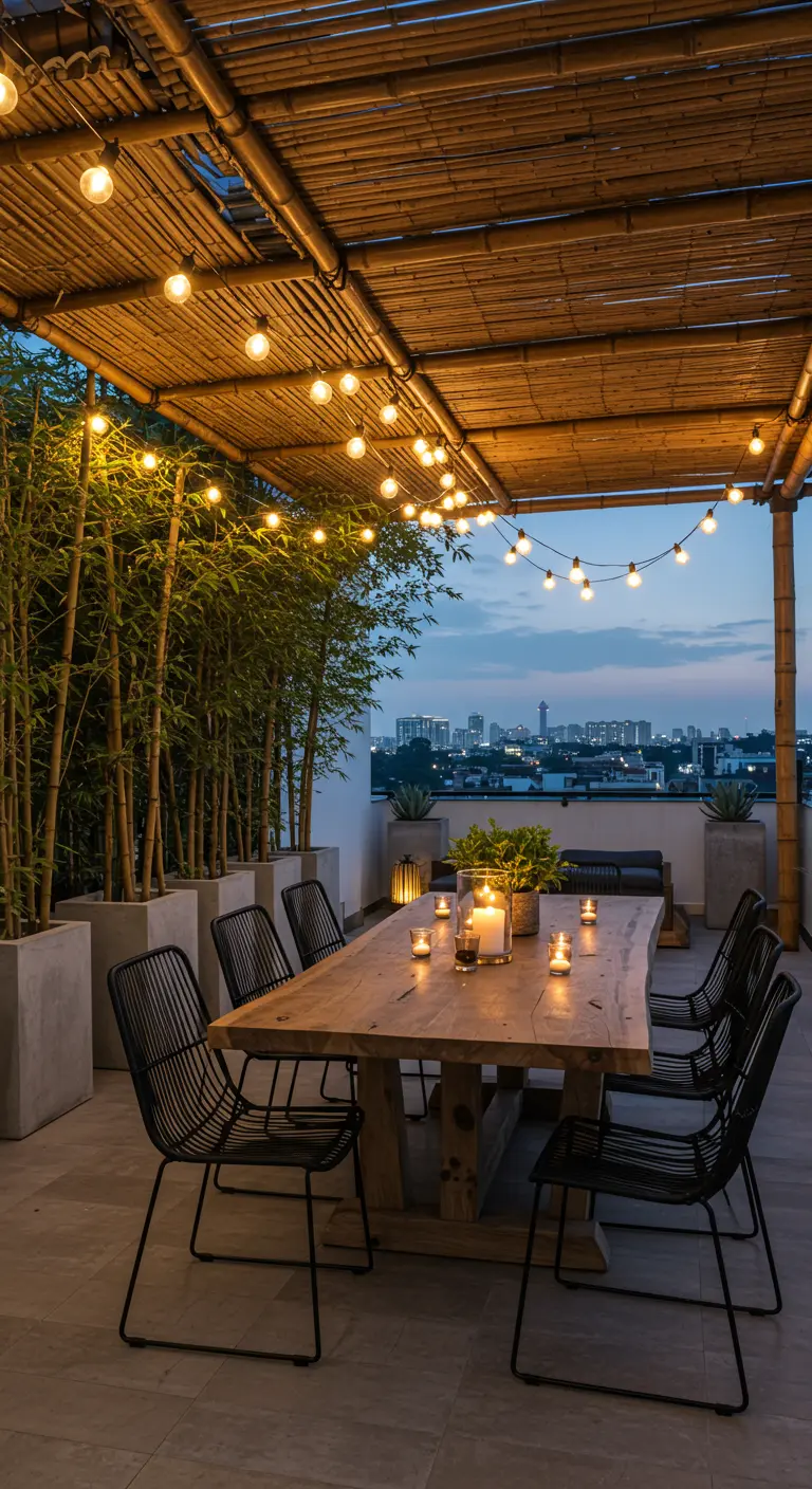 Comedor en terraza con pérgola de bambú, guirnaldas de luces y mesa de madera.