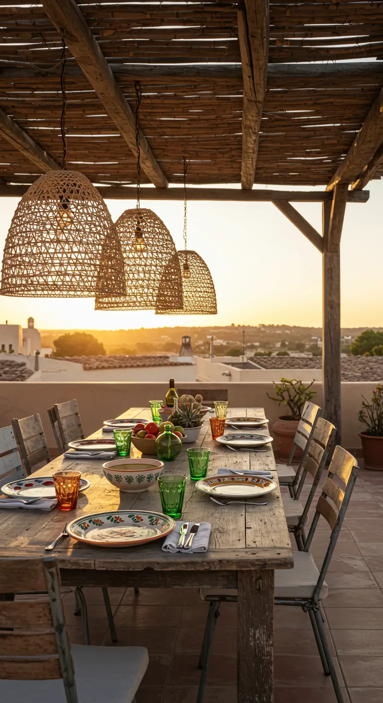 Mesa de comedor en una terraza con pérgola de caña y grandes lámparas de mimbre colgando.