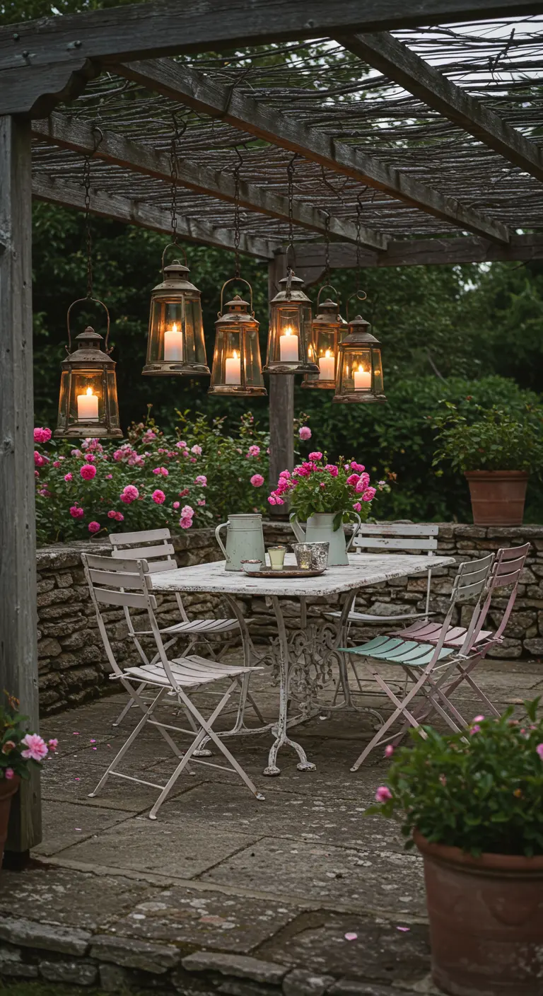 Patio rústico con mesa blanca, sillas de metal y faroles de vela colgando de una pérgola de madera.