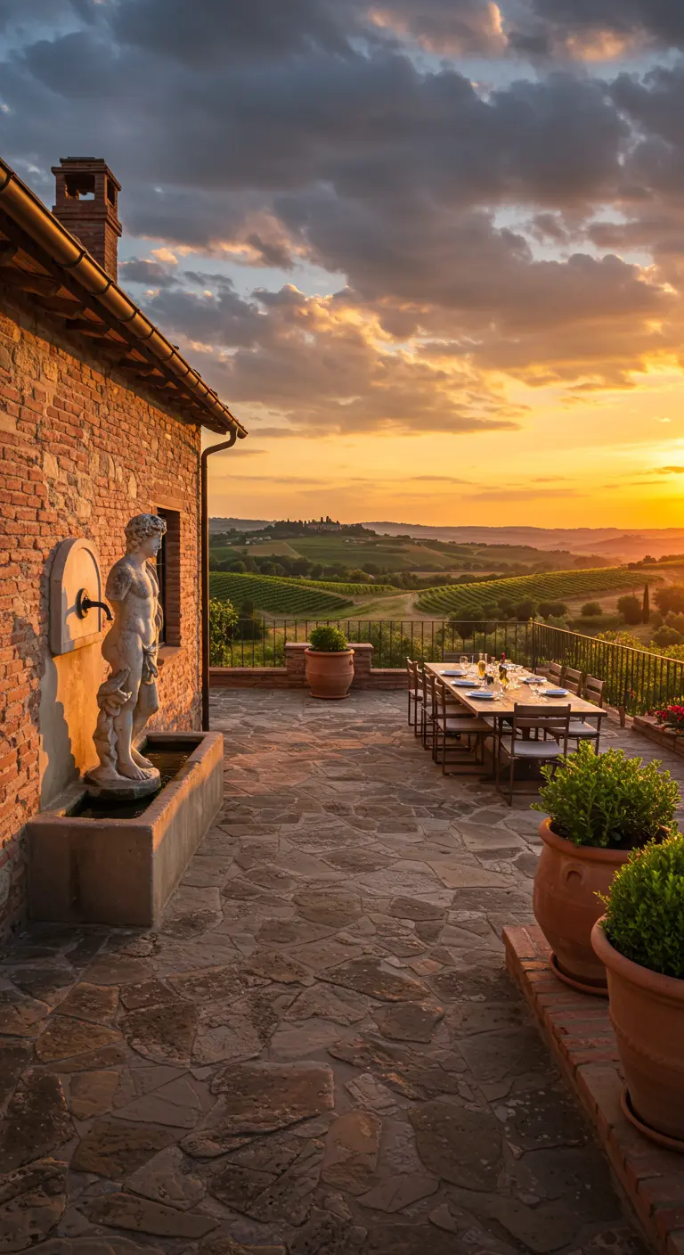 Terraza de ladrillo con vistas a un viñedo al atardecer, con una mesa de comedor y una fuente.