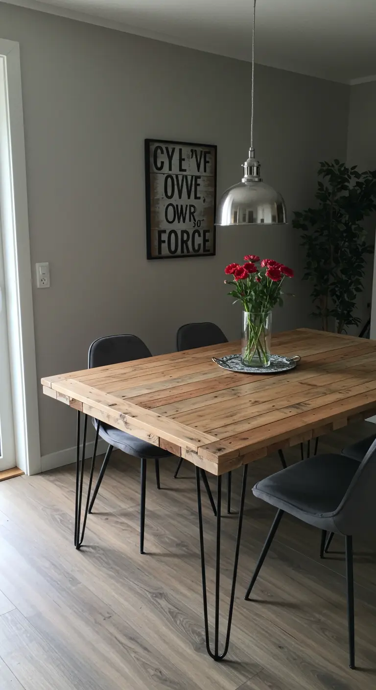 Mesa de comedor con tablero de madera de pallet y patas de horquilla metálicas negras.