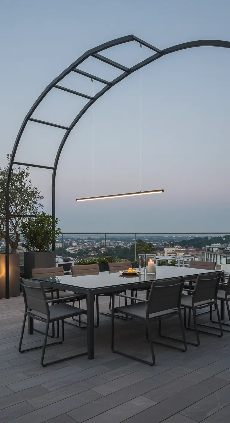 Comedor en azotea con una lámpara LED lineal suspendida de una estructura de acero arqueada.