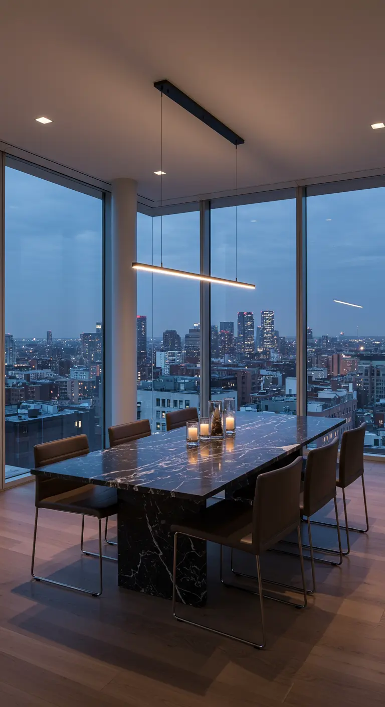 Comedor moderno en un ático con mesa de mármol negro y vistas a la ciudad.
