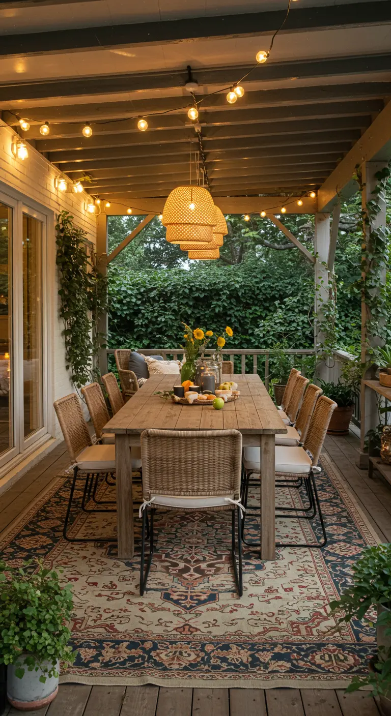Comedor exterior en un porche con mesa de madera, sillas de ratán y guirnaldas de luces