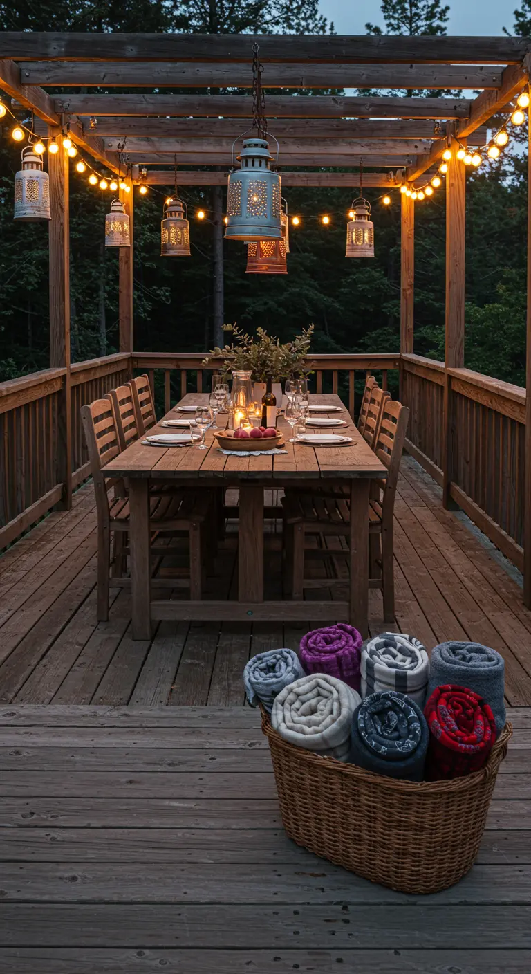 Cena al aire libre en una terraza de madera, con faroles y guirnaldas de luces, y una cesta con mantas.