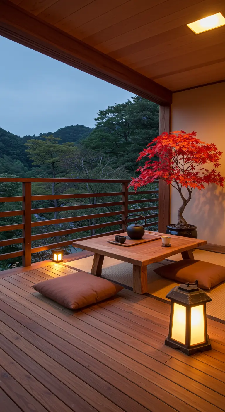 Balcón japonés con mesa baja de madera, cojines, arce rojo y farolillos al atardecer.