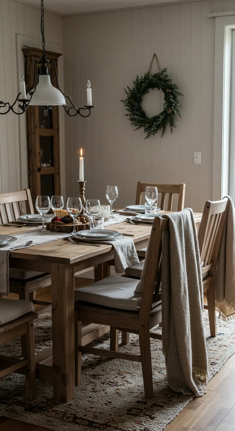 Comedor rústico con mesa de madera y mantas de lana colgadas en las sillas.