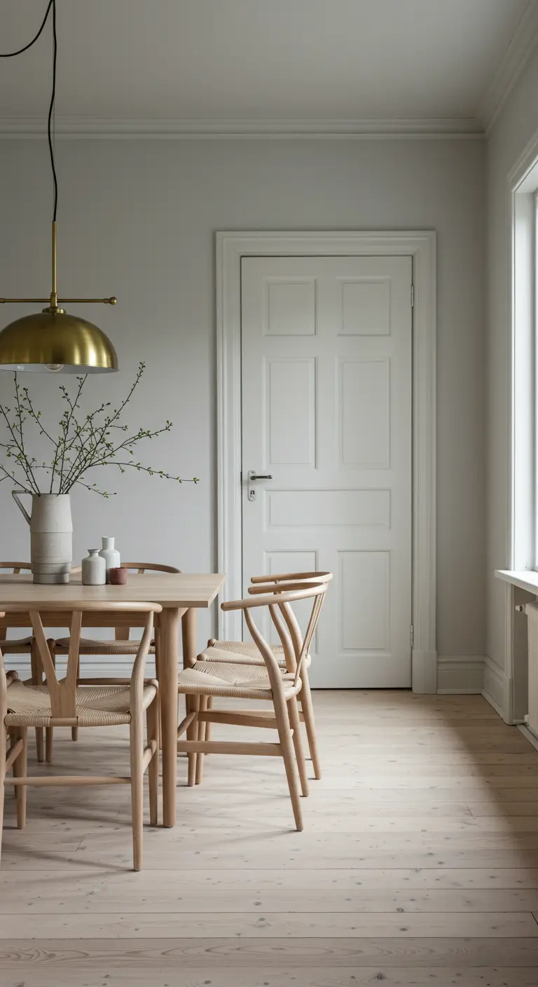 Comedor de estilo nórdico con mesa de madera, sillas Wishbone y lámpara colgante de latón