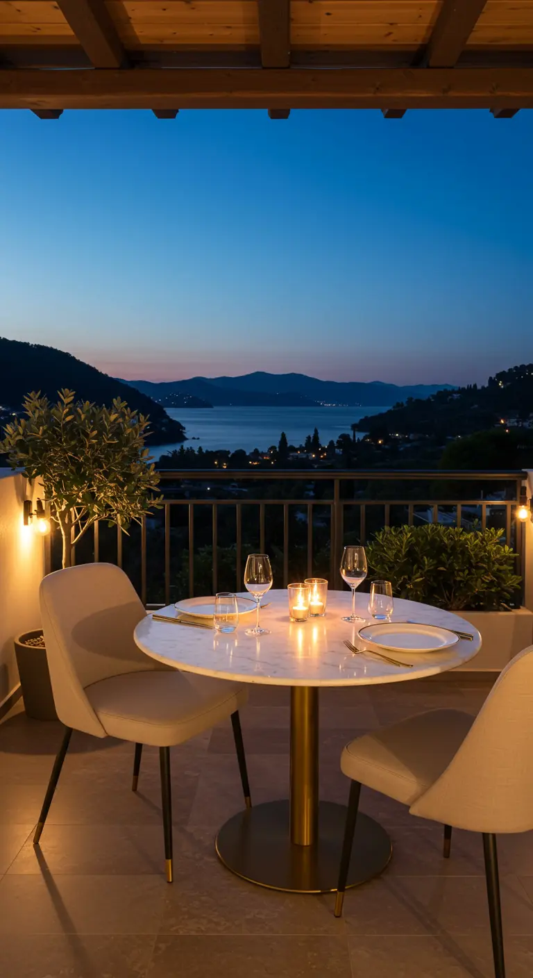 Mesa de comedor redonda con tablero de mármol y pie dorado en un balcón con vistas al mar.