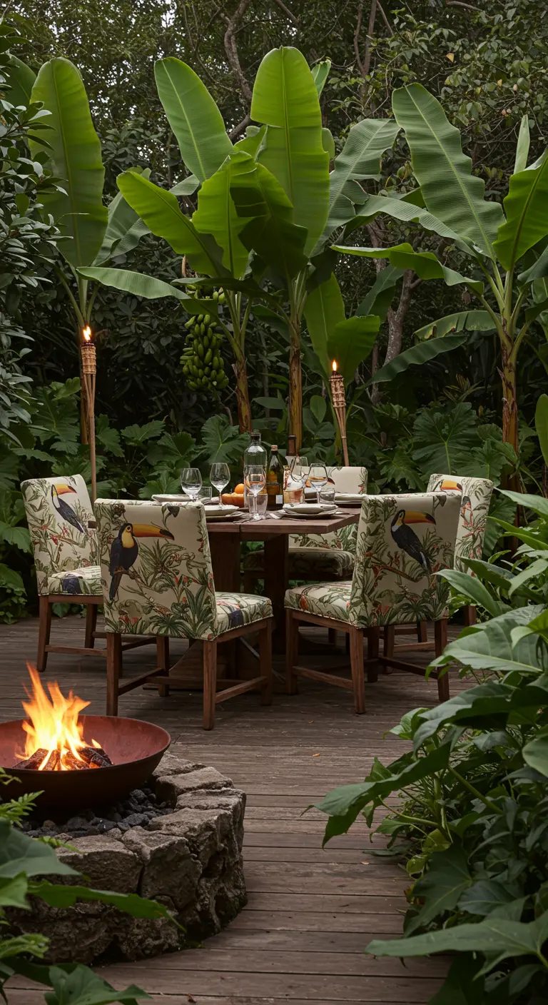 Comedor exterior rodeado de plataneras con sillas tapizadas con motivos de tucanes.