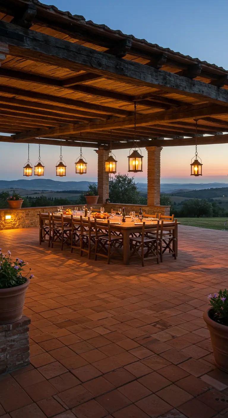 Patio rústico con pérgola de madera, mesa larga y faroles colgantes al atardecer