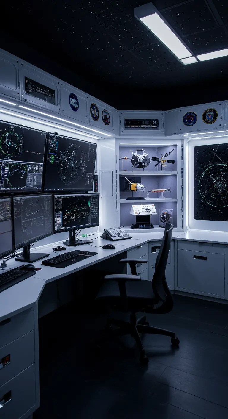 Rincón de trabajo futurista que simula un centro de control espacial de la NASA con múltiples pantallas.