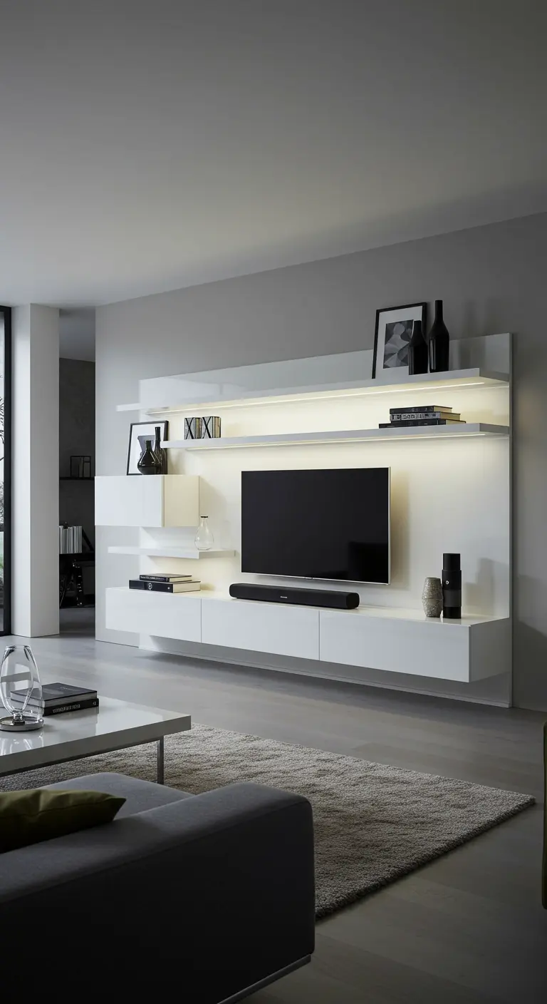 Mueble de TV blanco con estanterías flotantes integradas y retroiluminación LED.