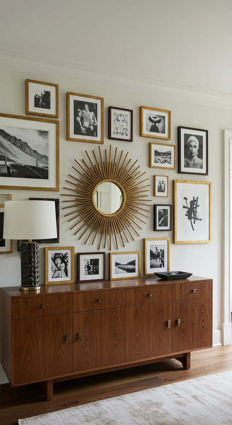 Pared de galería con un espejo de sol en el centro rodeado de fotografías enmarcadas.
