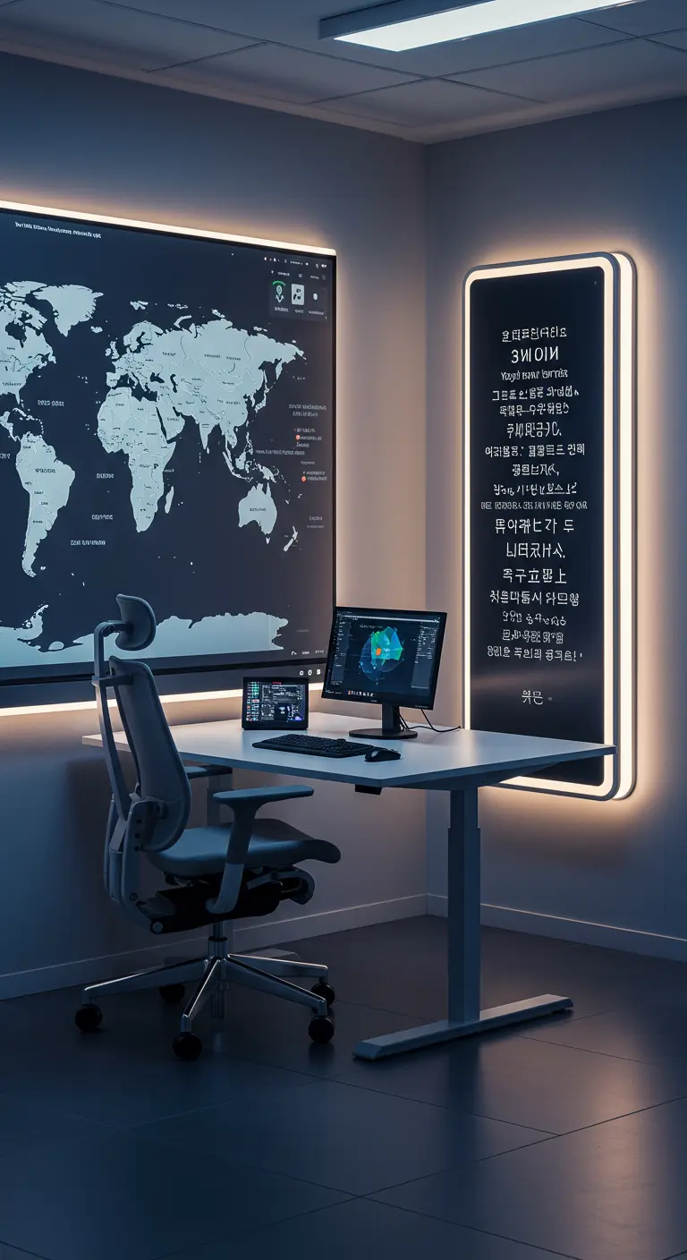 Oficina de alta tecnología con un gran mapa digital en una pantalla y paneles de luz.