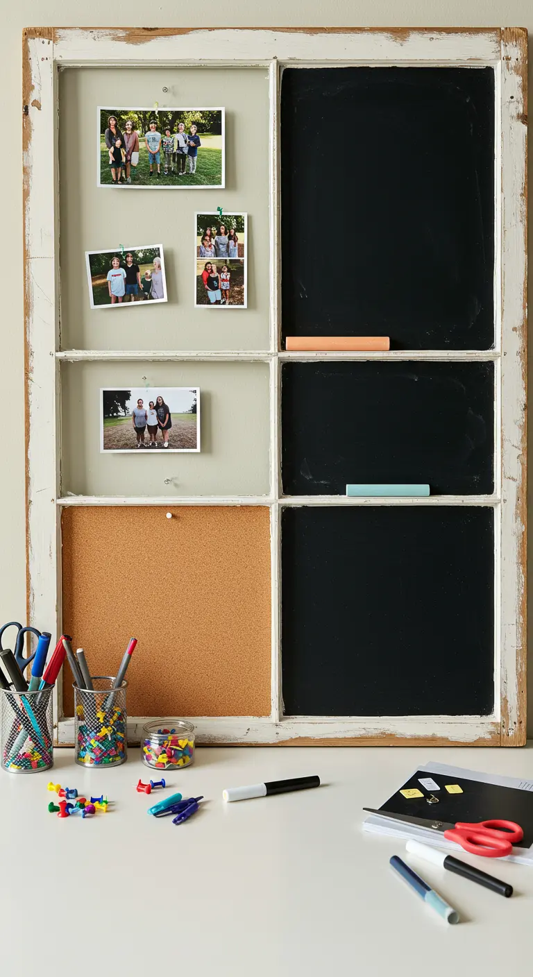 Ventana convertida en un organizador con pizarra, corcho y espacio para fotos.