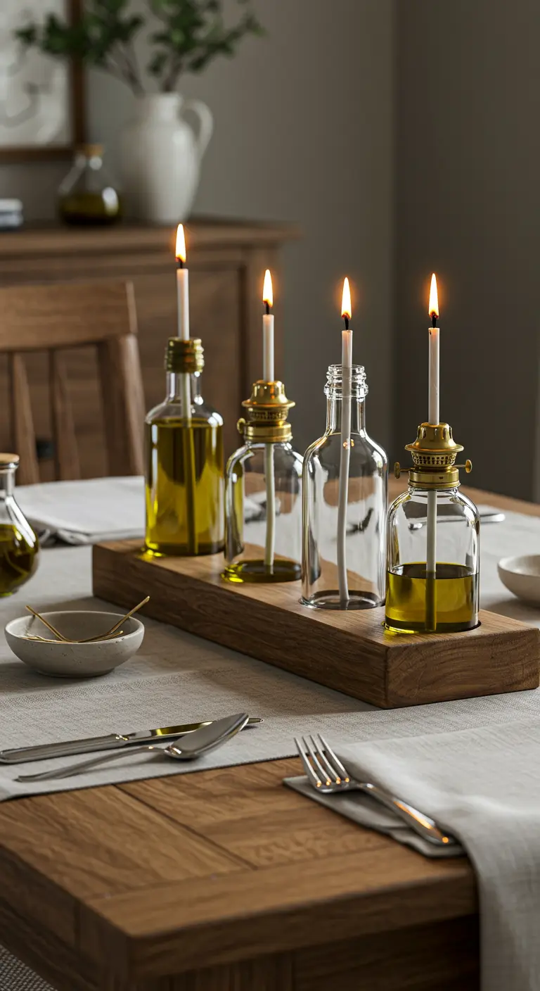 Centro de mesa con varias botellas de vidrio convertidas en lámparas de aceite sobre una base de madera.