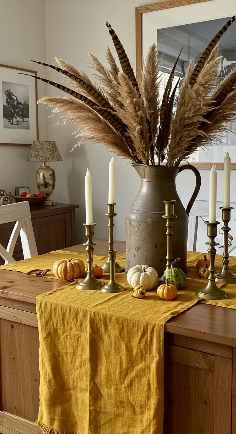 Mesa de comedor de otoño con un gran jarrón con hierba de la pampa y plumas de faisán.