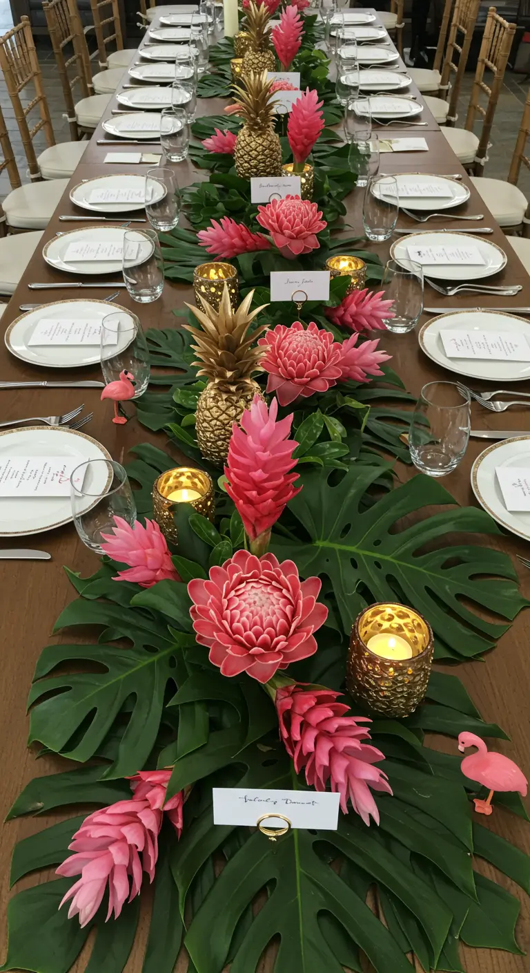 Centro de mesa con hojas de monstera, piñas doradas y flores de jengibre antorcha rosa.