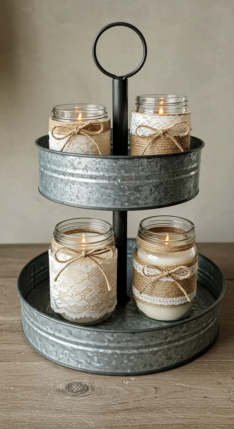 Velas decoradas con yute y encaje sobre un soporte metálico galvanizado de dos pisos.