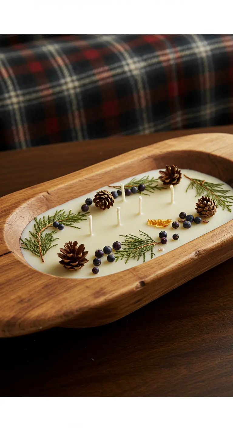 Vela de cera de abeja con múltiples mechas en un cuenco de madera alargado, decorada con piñas.