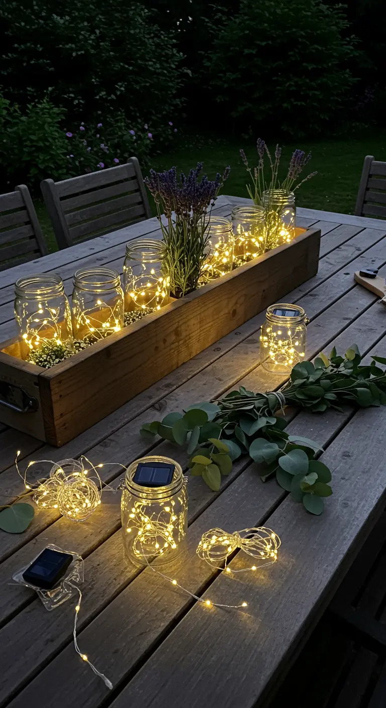 Frascos con luces solares dentro de una jardinera de madera, decorada con lavanda y eucalipto.