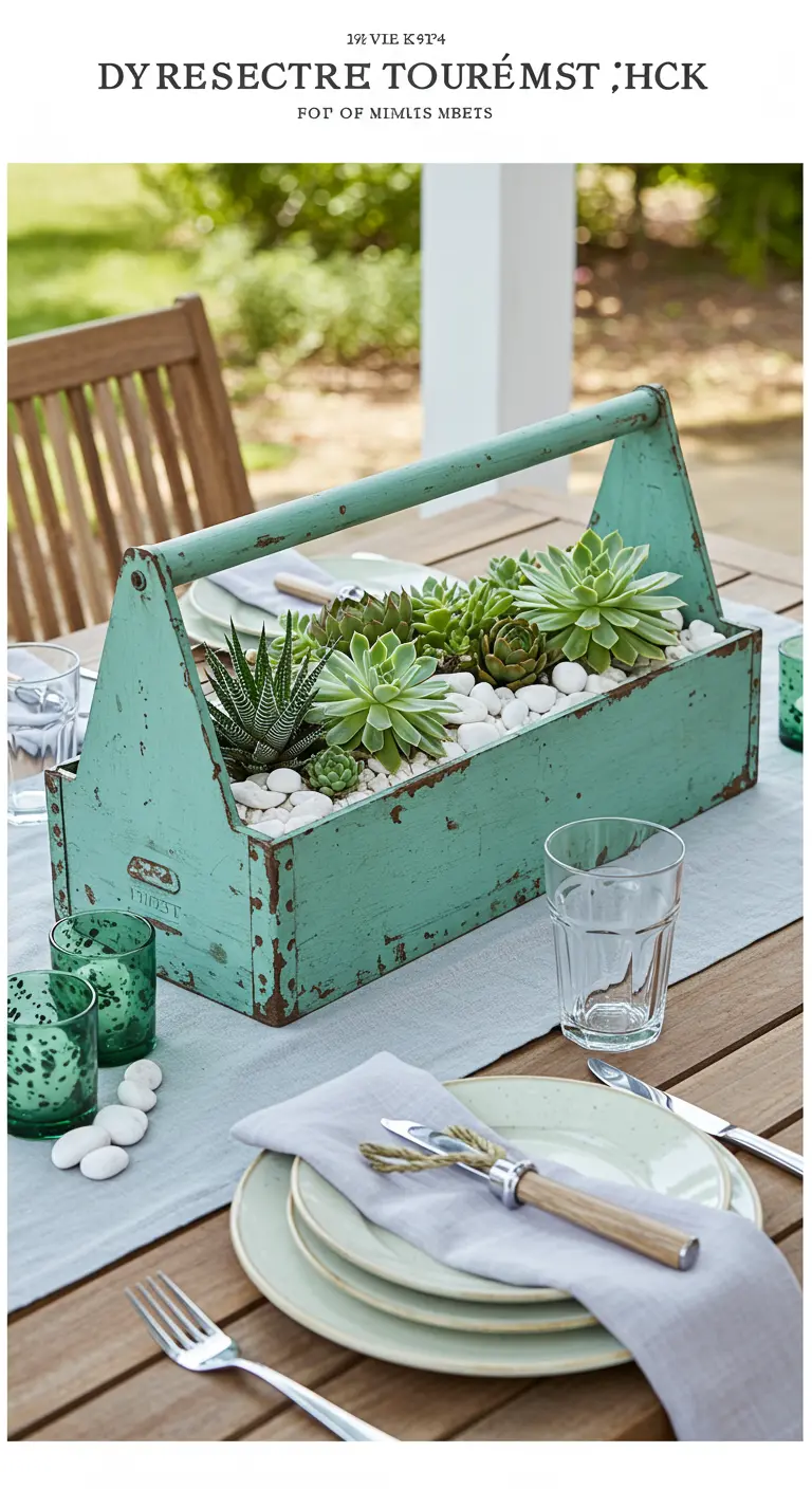 Caja de herramientas metálica de color turquesa usada como macetero para suculentas en una mesa.