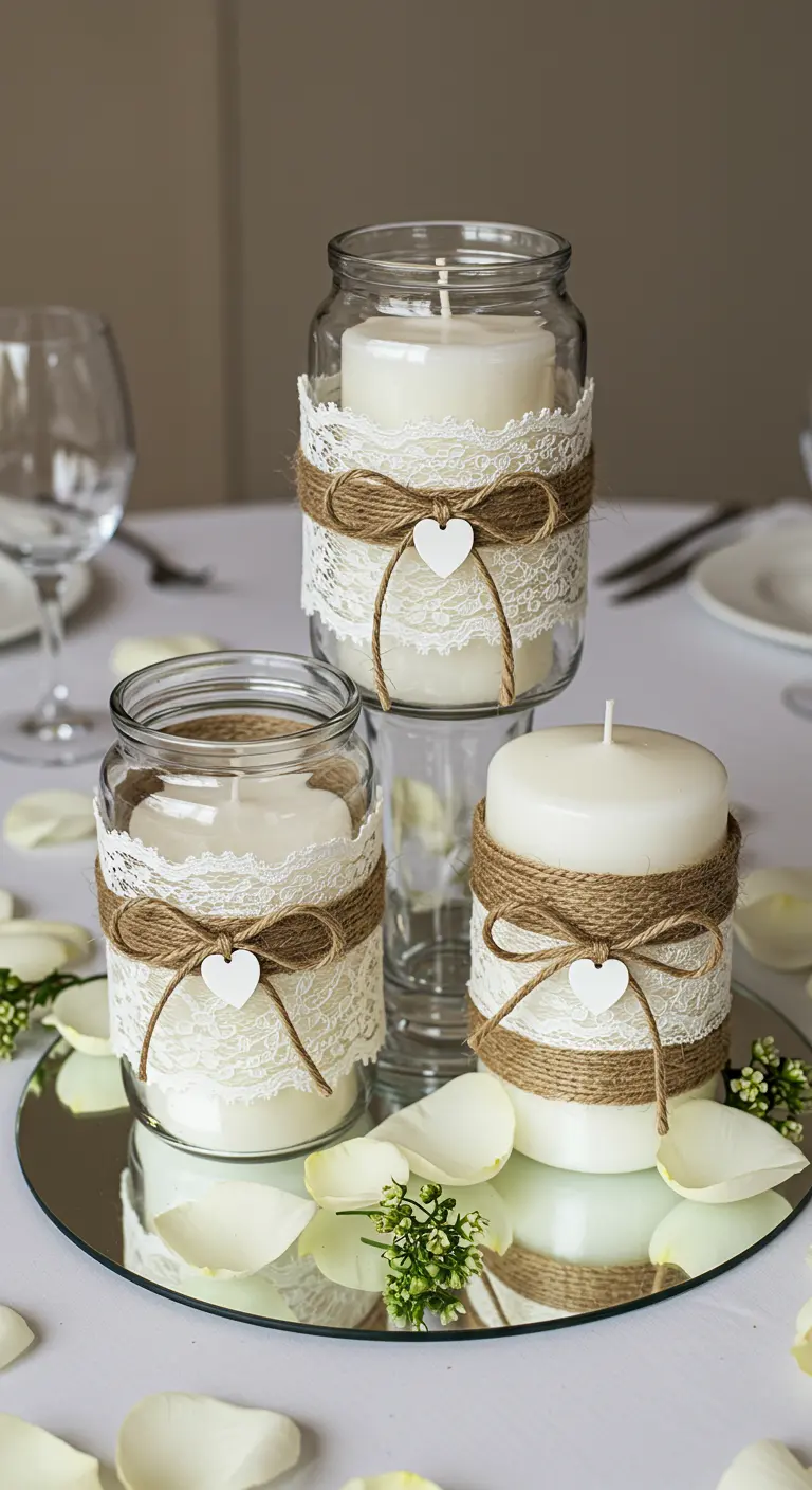 Centro de mesa para boda con velas en frascos decorados con encaje, yute y corazones.