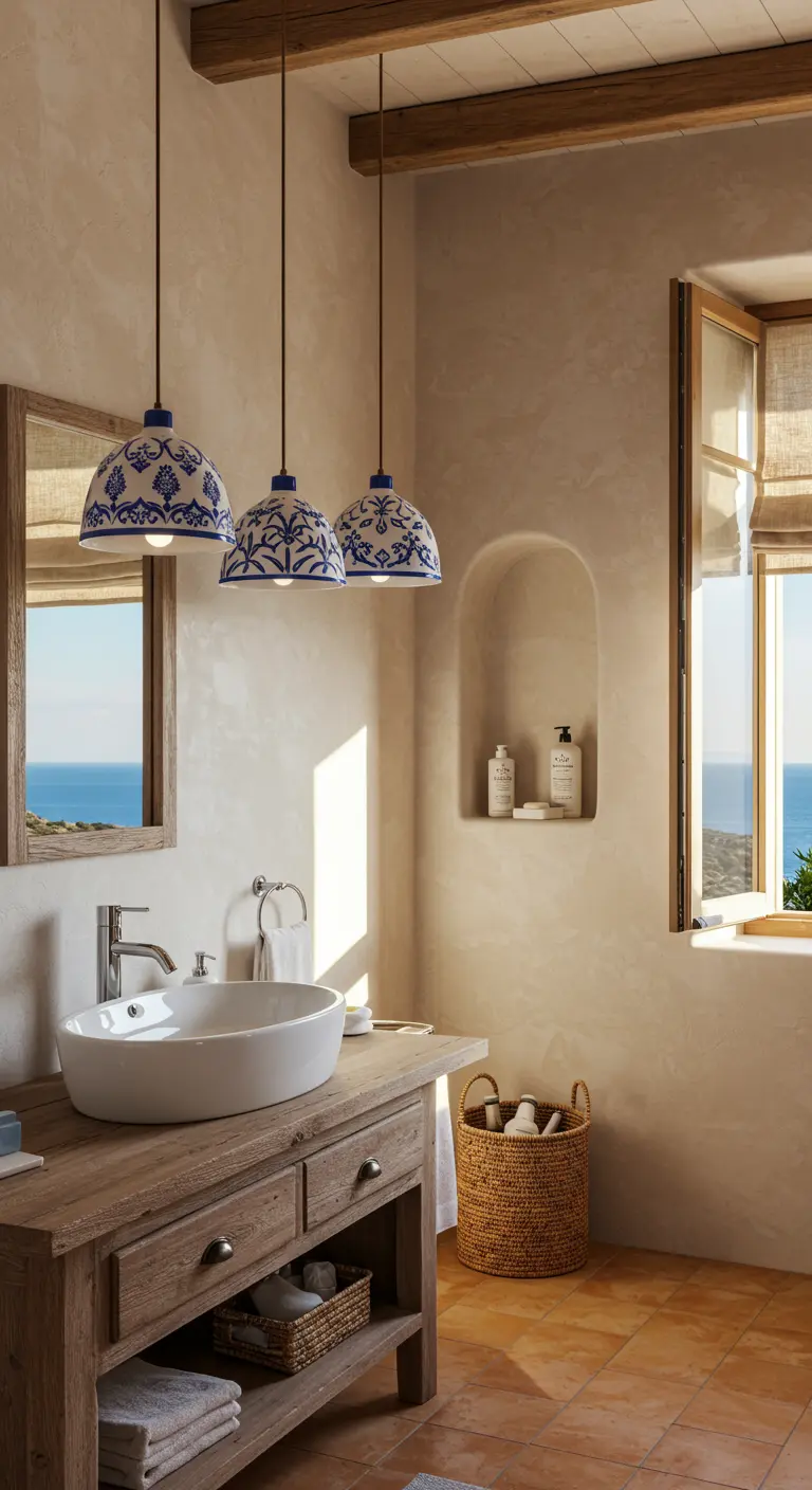 Baño de estilo mediterráneo con tres lámparas colgantes de cerámica azul y blanca