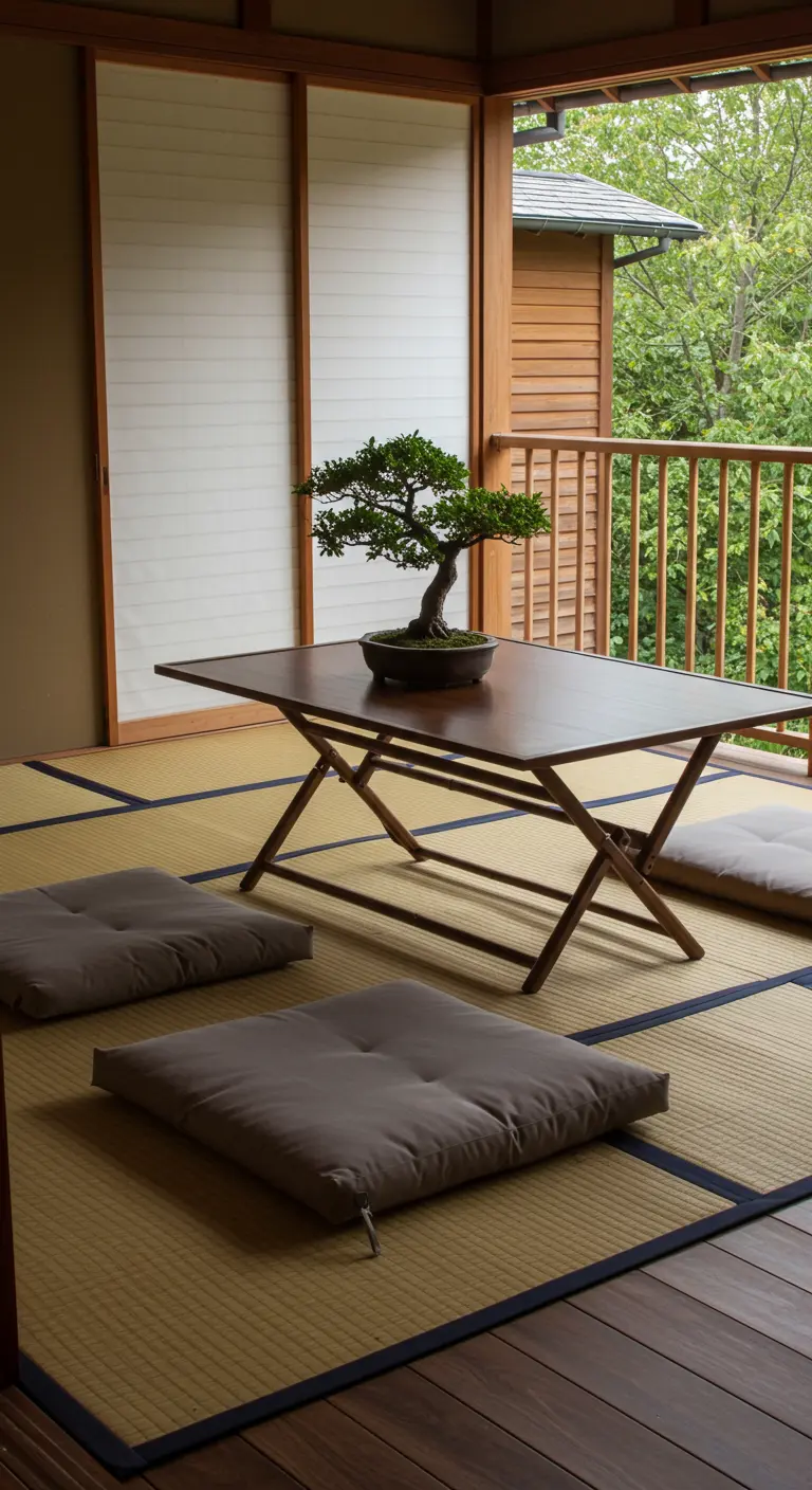 Mesa baja plegable de estilo japonés con cojines en el suelo y un bonsái en una terraza.