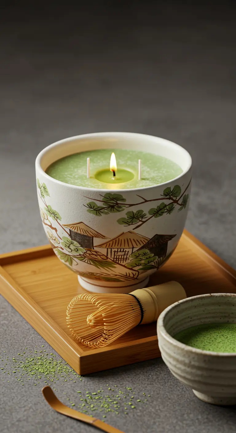 Vela verde matcha en un cuenco de cerámica japonés, junto a un batidor de bambú