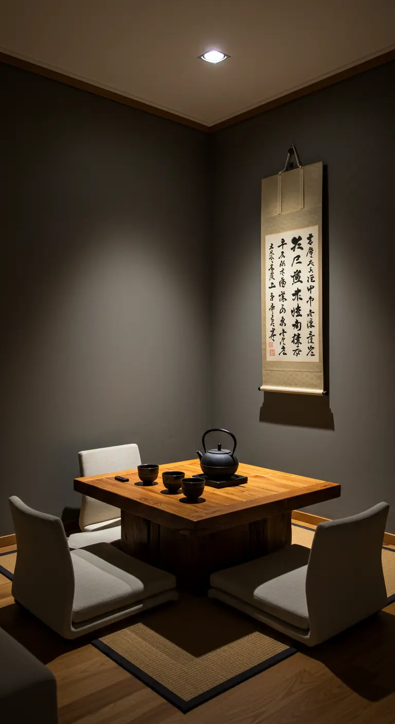 Espacio para la ceremonia del té con mesa baja de madera, sillas de suelo y un pergamino caligráfico.