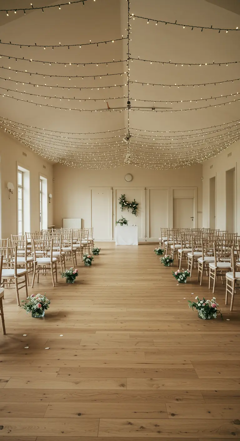 Sala de ceremonias minimalista con sillas de madera y un techo de luces de hadas.