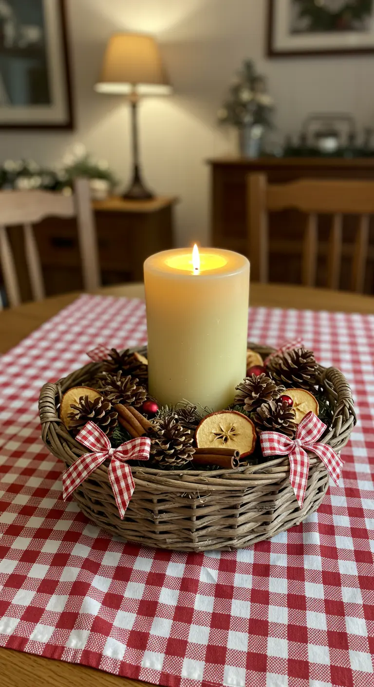 Centro de mesa en una cesta de mimbre con una vela grande, piñas, fruta seca y lazos de cuadros.
