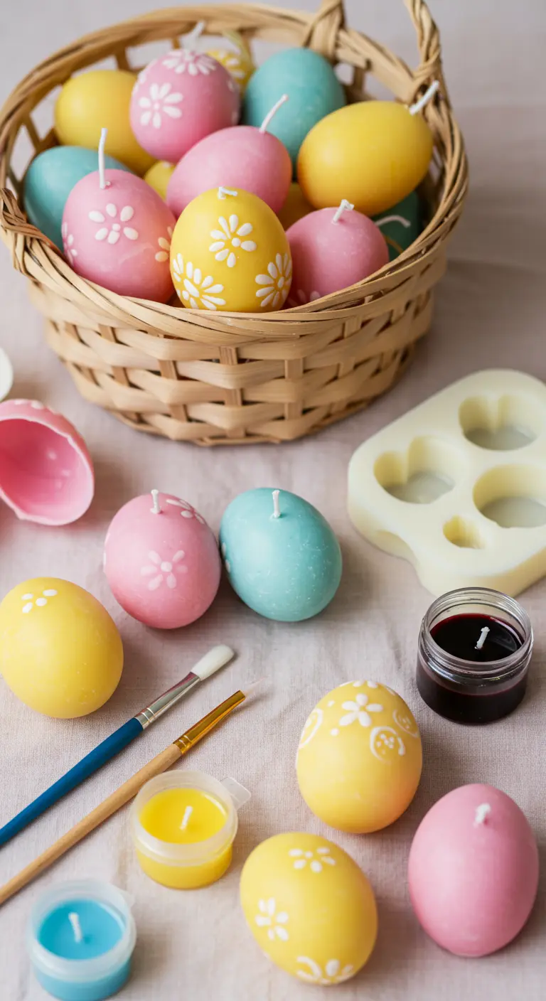 Velas caseras con forma de huevos de Pascua en colores pastel, algunas decoradas con flores pintadas