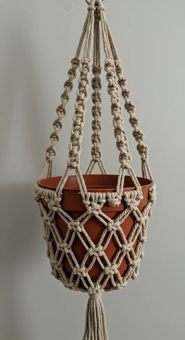 Colgador de macramé robusto con un tejido denso estilo cesta, sujetando una maceta grande de terracota.