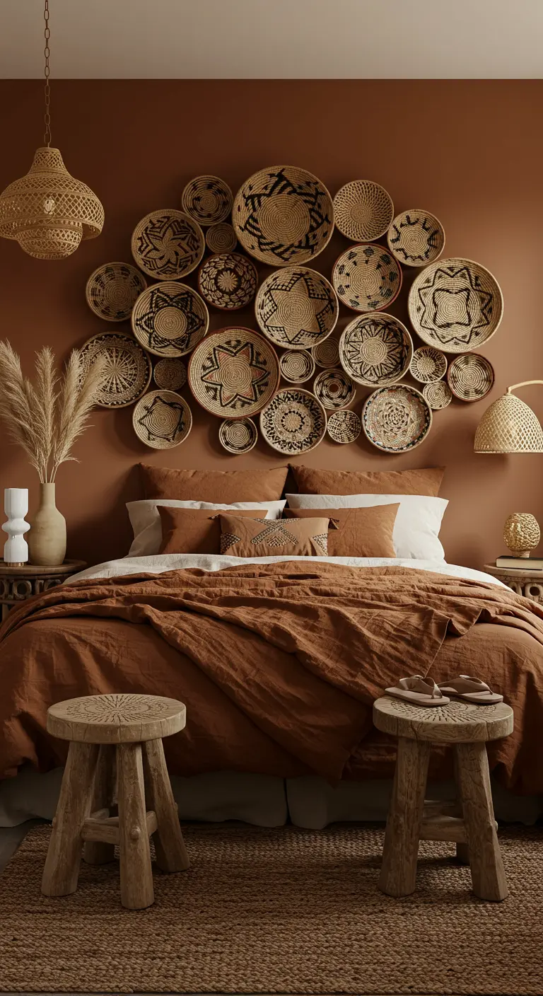 Composición de cestas de mimbre tejidas colgadas sobre la cama en un dormitorio de tonos tierra.