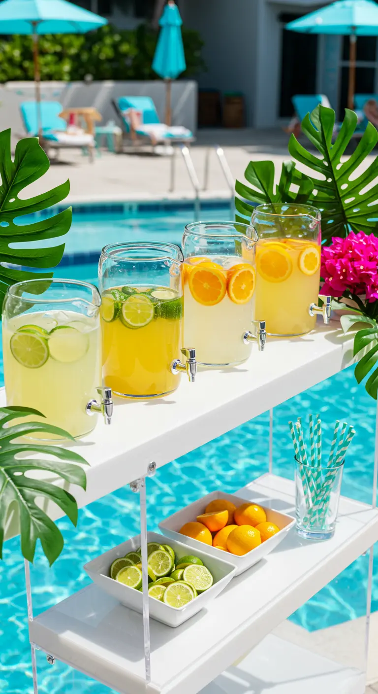 Carrito de bar blanco moderno con jarras de limonada y cítricos junto a una piscina.