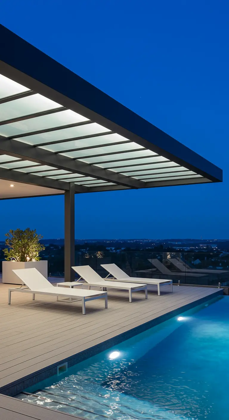 Terraza de piscina con pérgola moderna cuyo techo de vidrio esmerilado está iluminado.