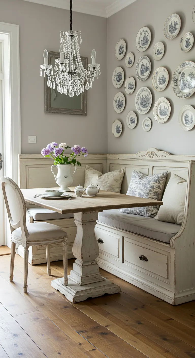 Comedor estilo provenzal con banco de madera decapada y pared con platos de porcelana.