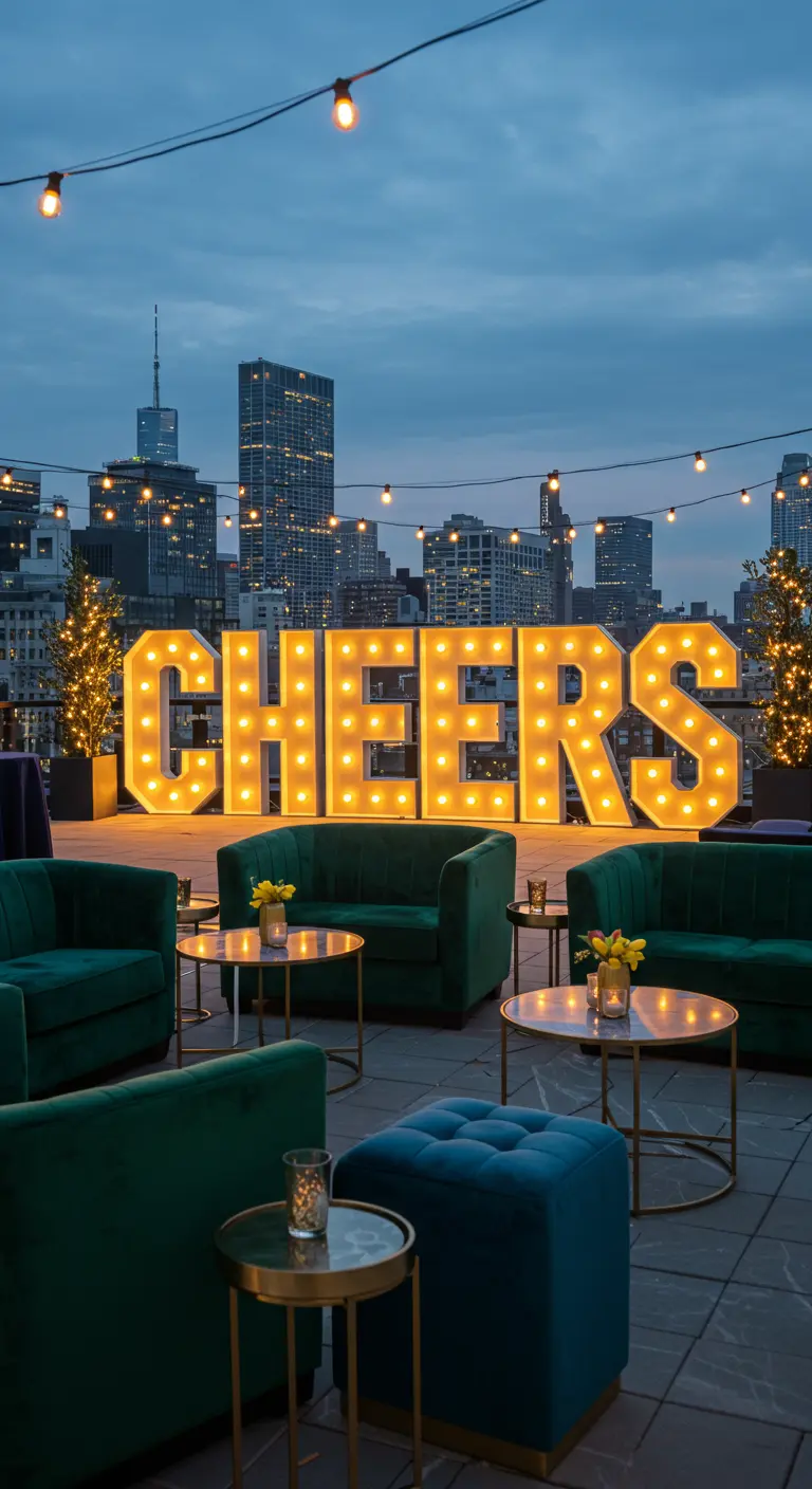 Letras 'CHEERS' iluminadas en una azotea con sofás de terciopelo verde y vistas a la ciudad.