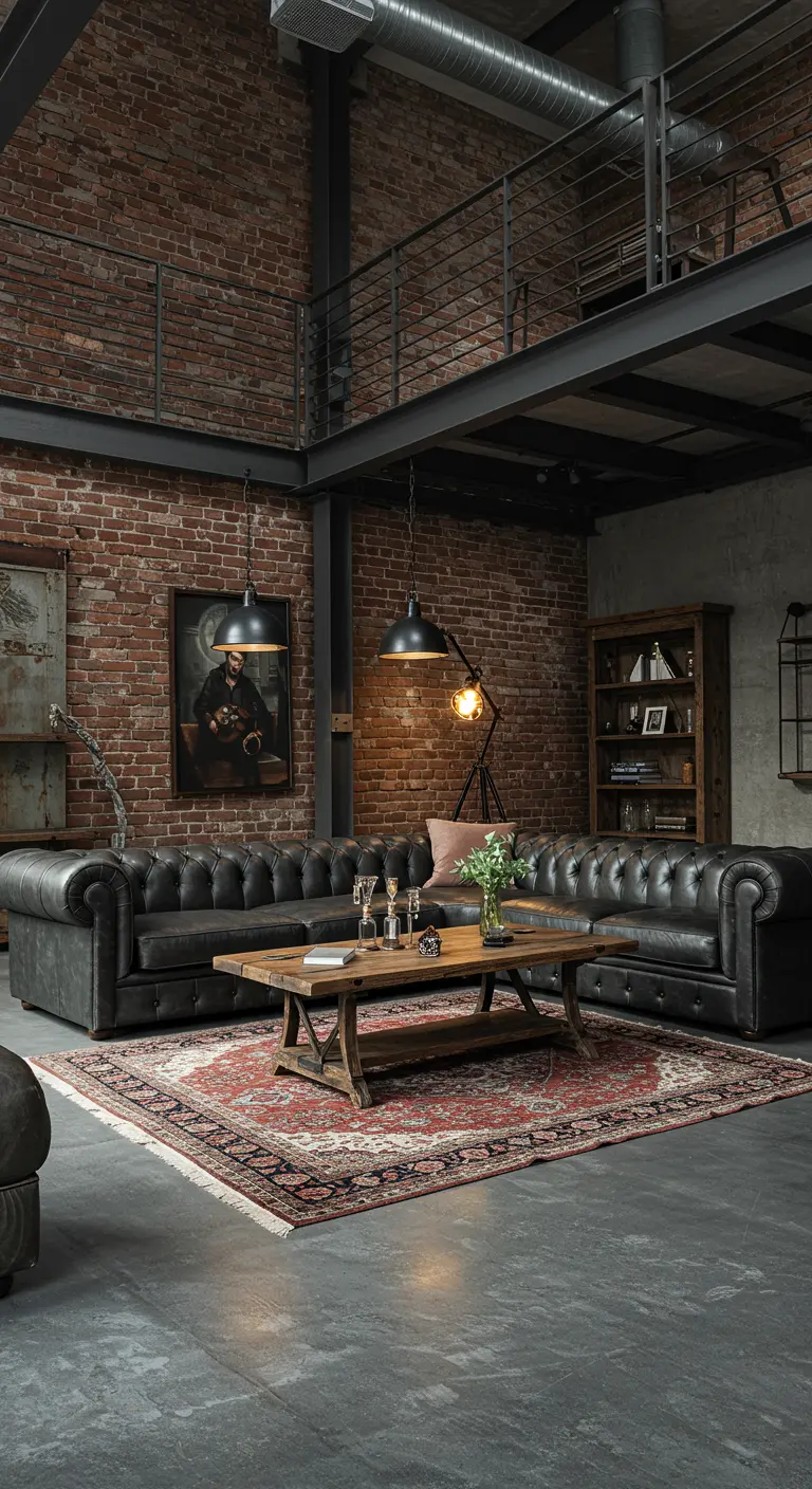 Sala de estar industrial con pared de ladrillo, sofás Chesterfield de cuero y lámparas metálicas.