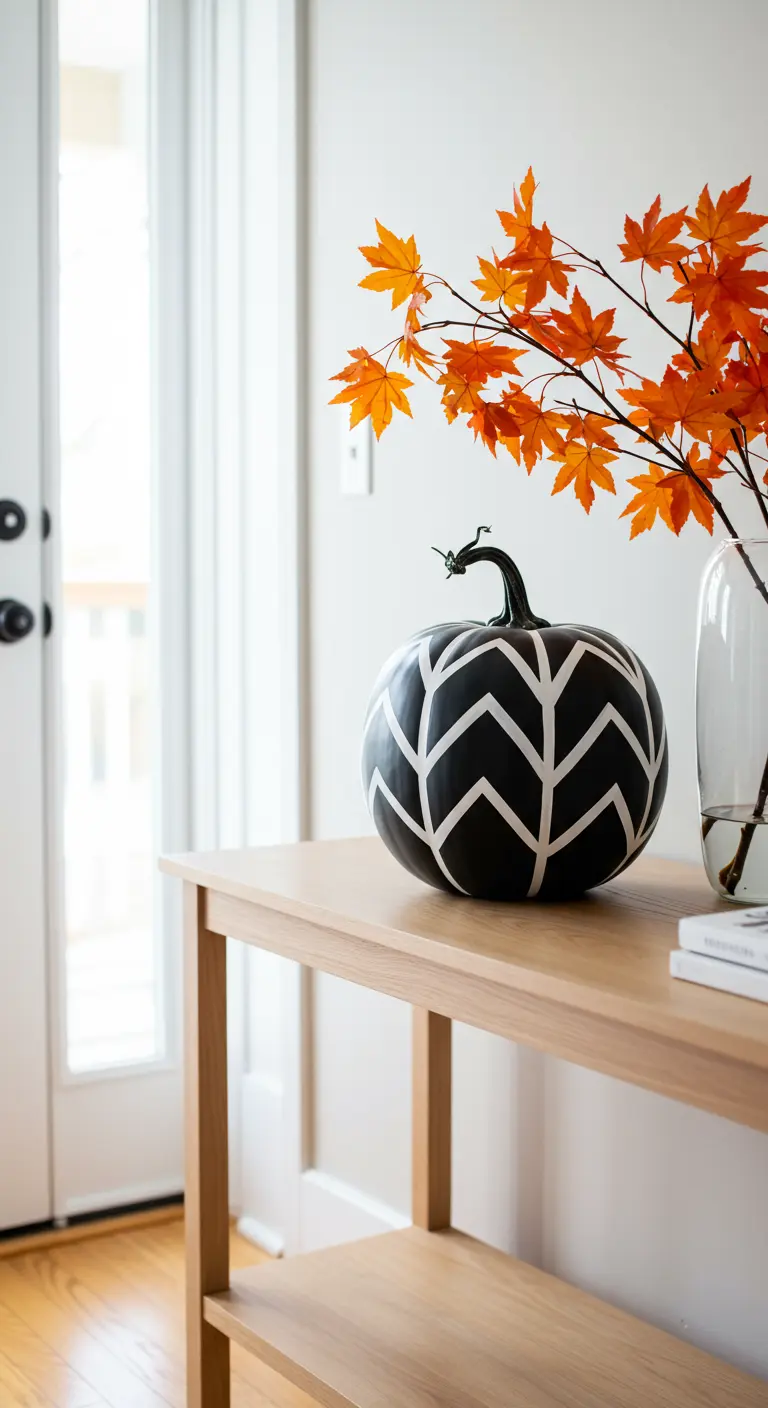 Calabaza negra con un patrón de chevron blanco sobre una consola de madera clara.