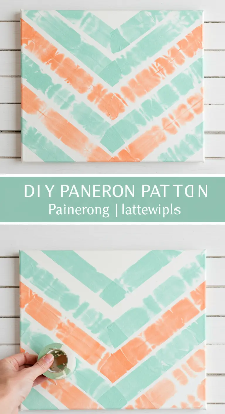 Lienzo con un patrón de chevron en tonos coral y menta, con un rollo de cinta al lado.