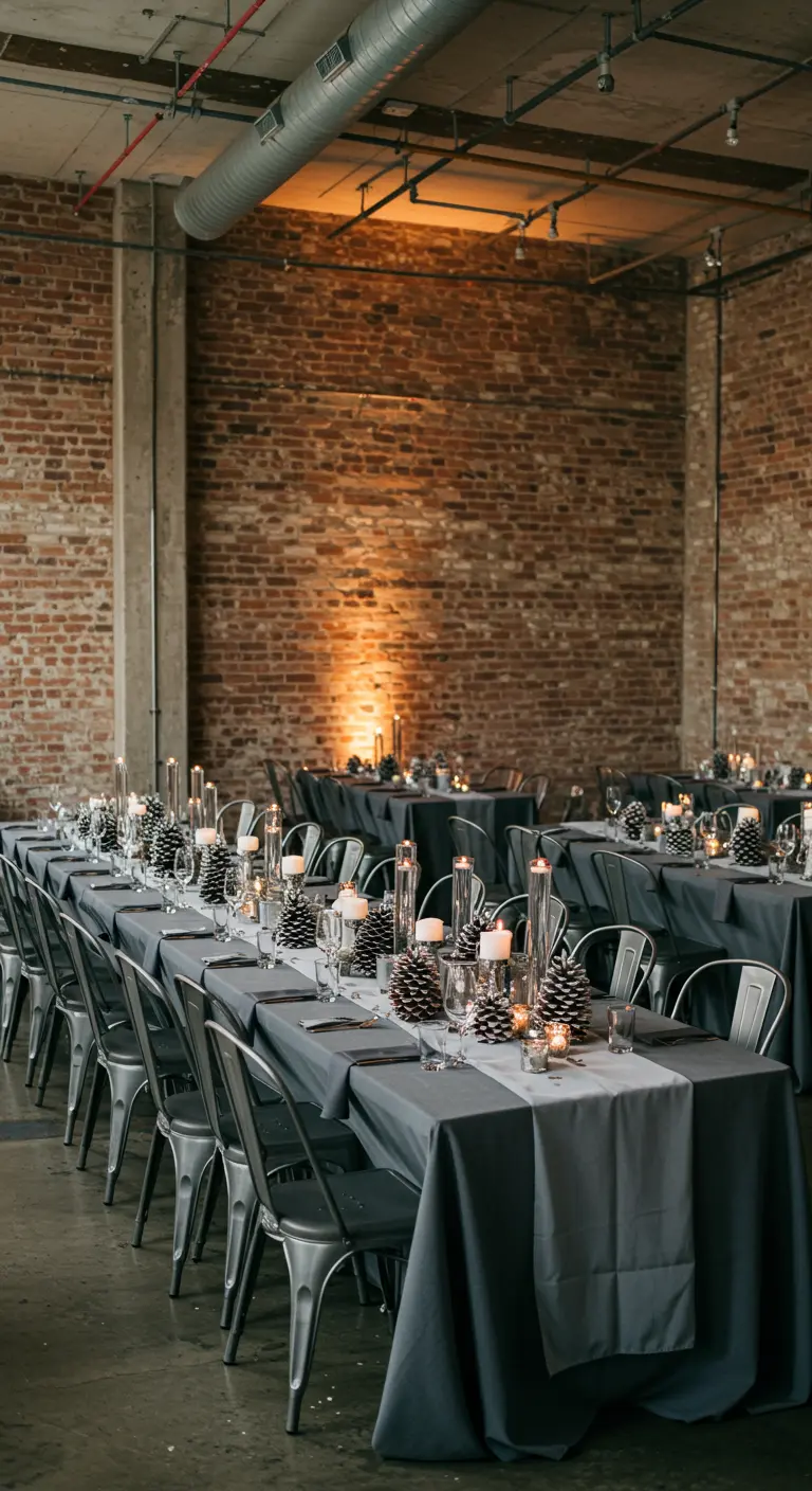 Mesas largas en un espacio industrial con ladrillo visto, decoradas con piñas y velas.