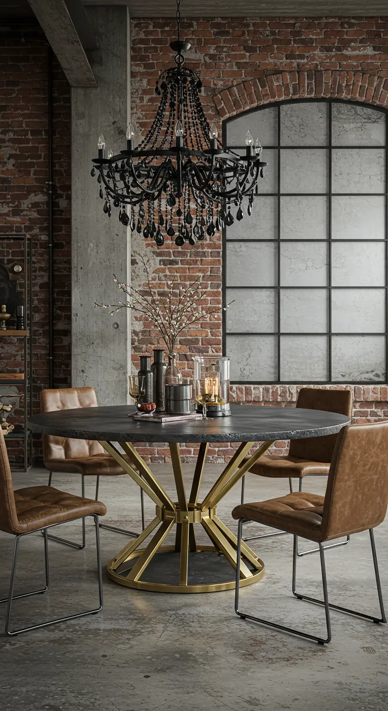 Comedor industrial chic con pared de ladrillo, base de mesa dorada y lámpara de araña negra.