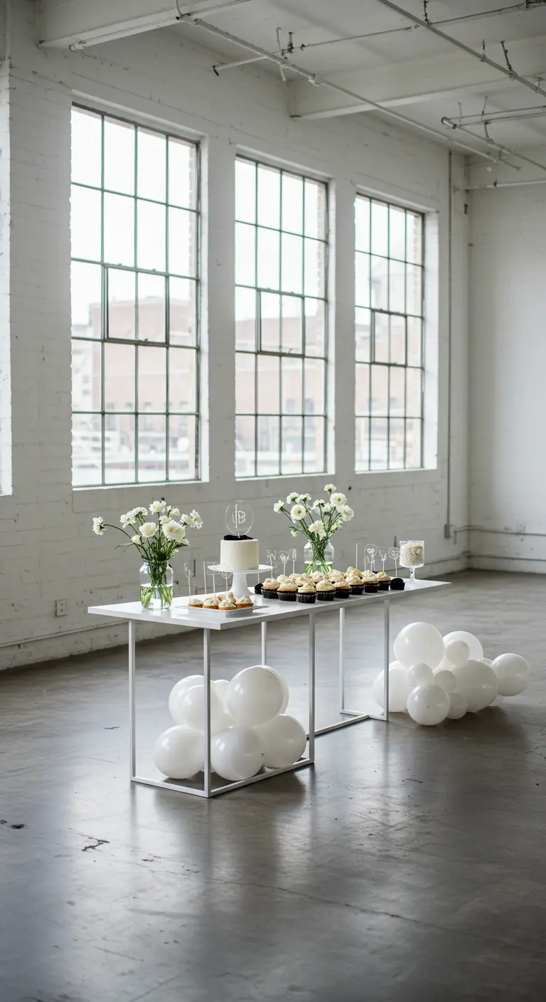 Mesa de postres minimalista en un loft industrial con cupcakes, flores blancas y globos blancos.